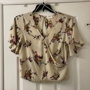 Cream and Floral Flutter Sleeve Blouse